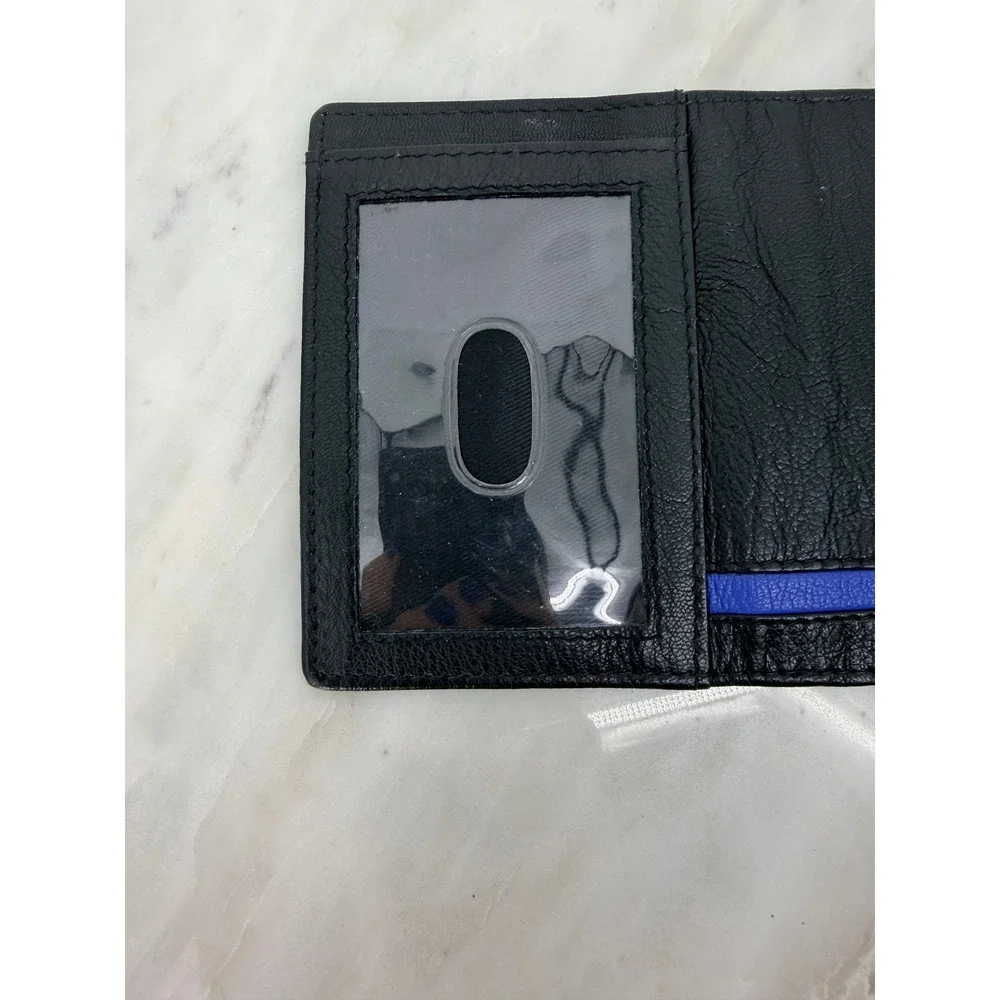 Nicole Miller Mens Black Genuine Leather Bifold Wallet Blue Stripe ID Window